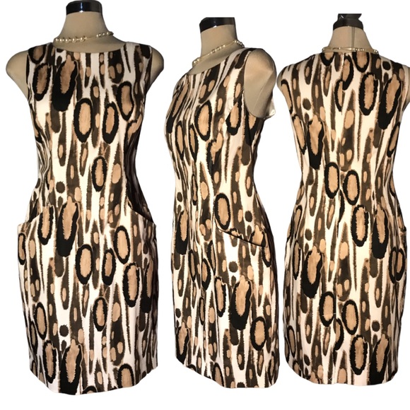 *New* TAHARI Leopard Black Beige and White Sleeveless Sheath Side Pockets Size 8 - Picture 7 of 16